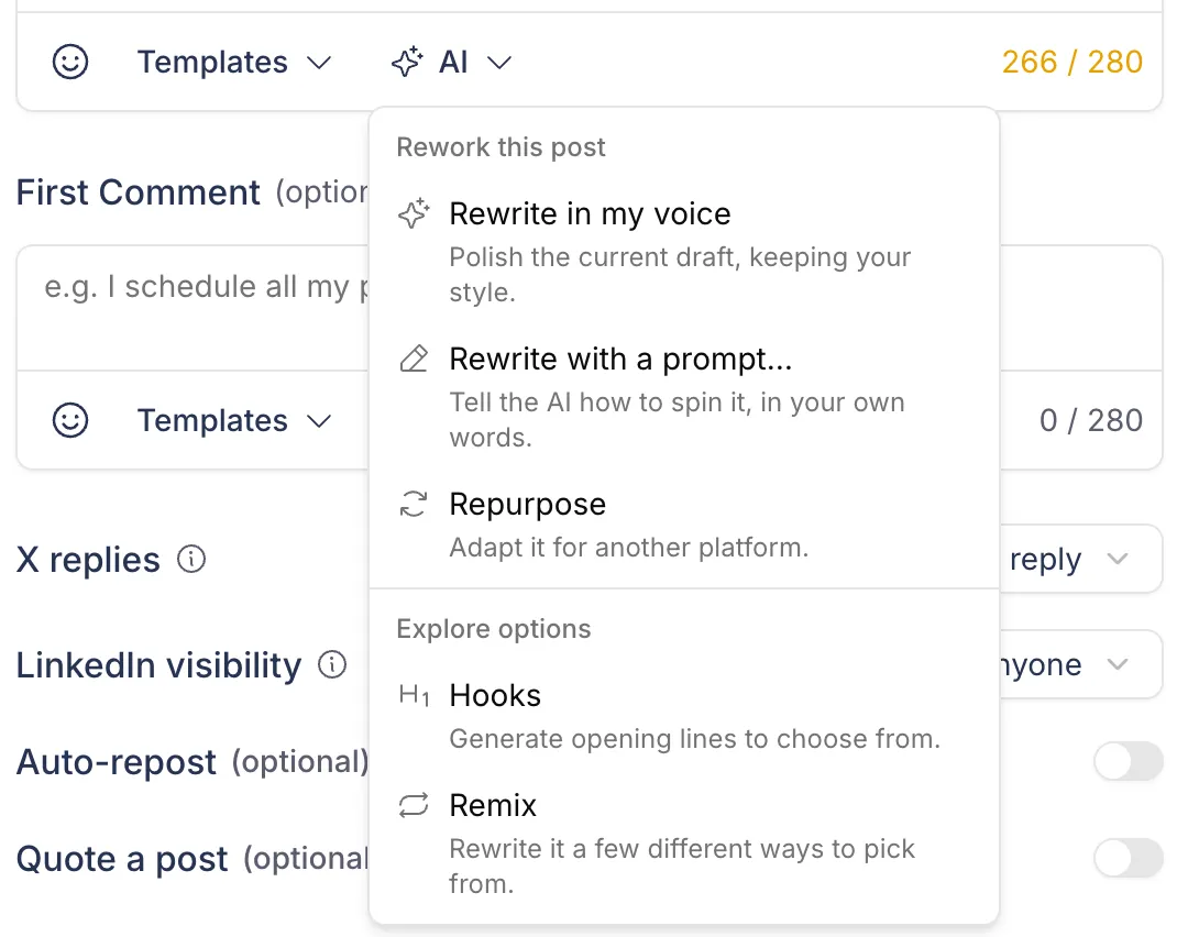 AI menu in the Postopus editor: Rewrite in my voice, Rewrite with a prompt, Repurpose, Hooks and Remix