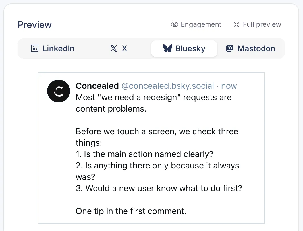 Bluesky preview in Postopus with LinkedIn, X, Bluesky and Mastodon tabs, showing the post as Bluesky lays it out
