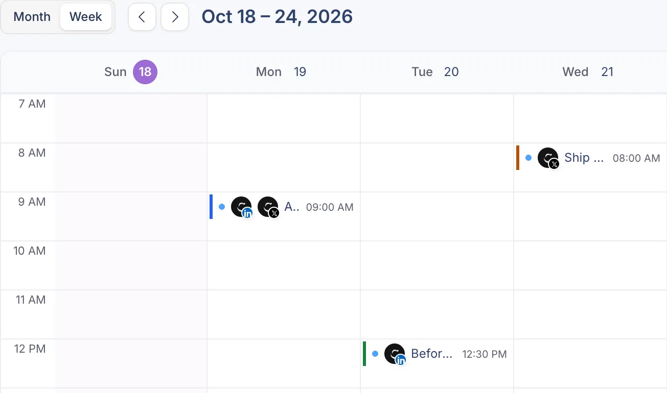 Week view of the Postopus posts calendar with scheduled LinkedIn and X posts