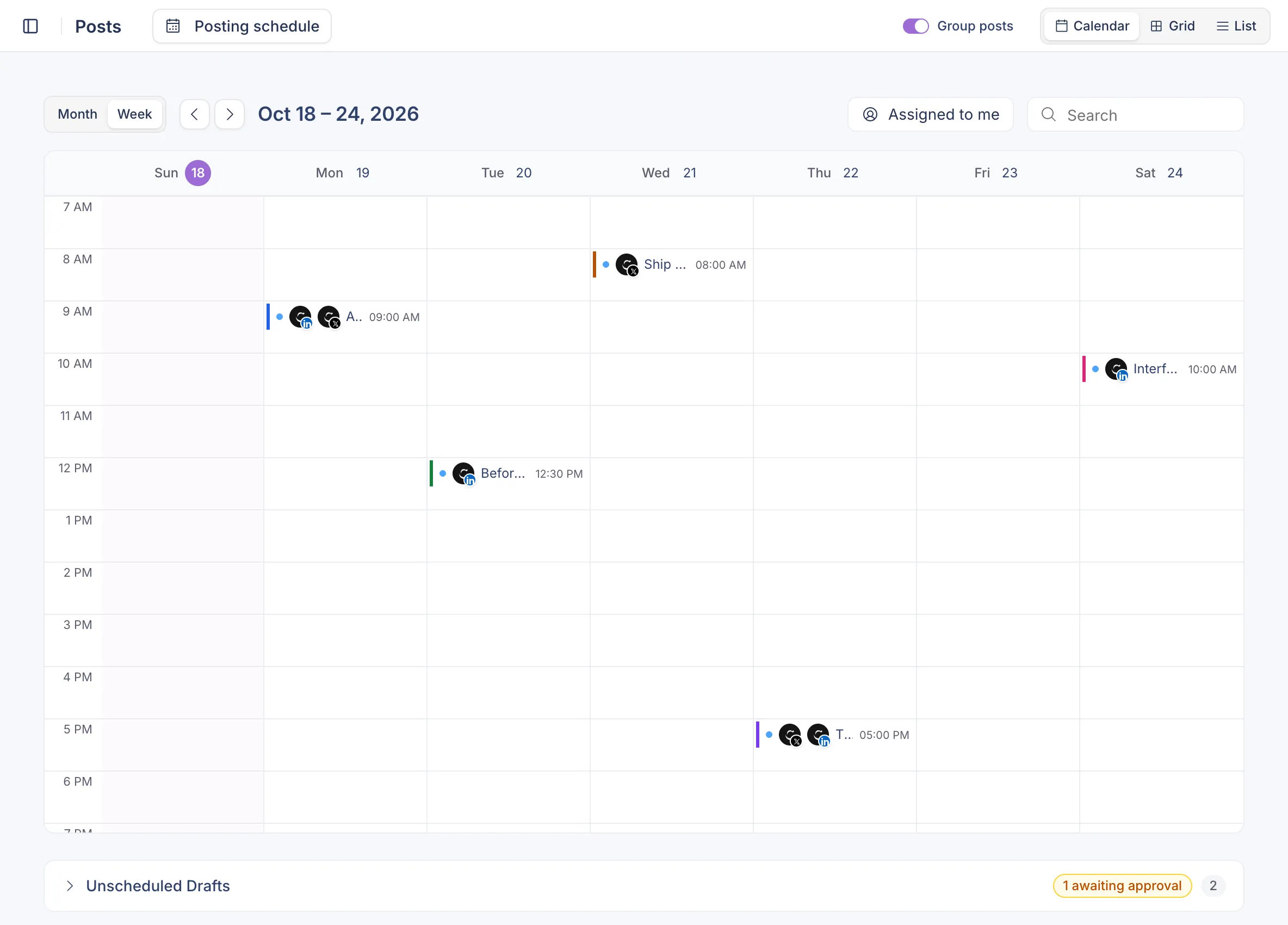 Postopus posts calendar, week view, with LinkedIn and X posts scheduled and a draft awaiting approval