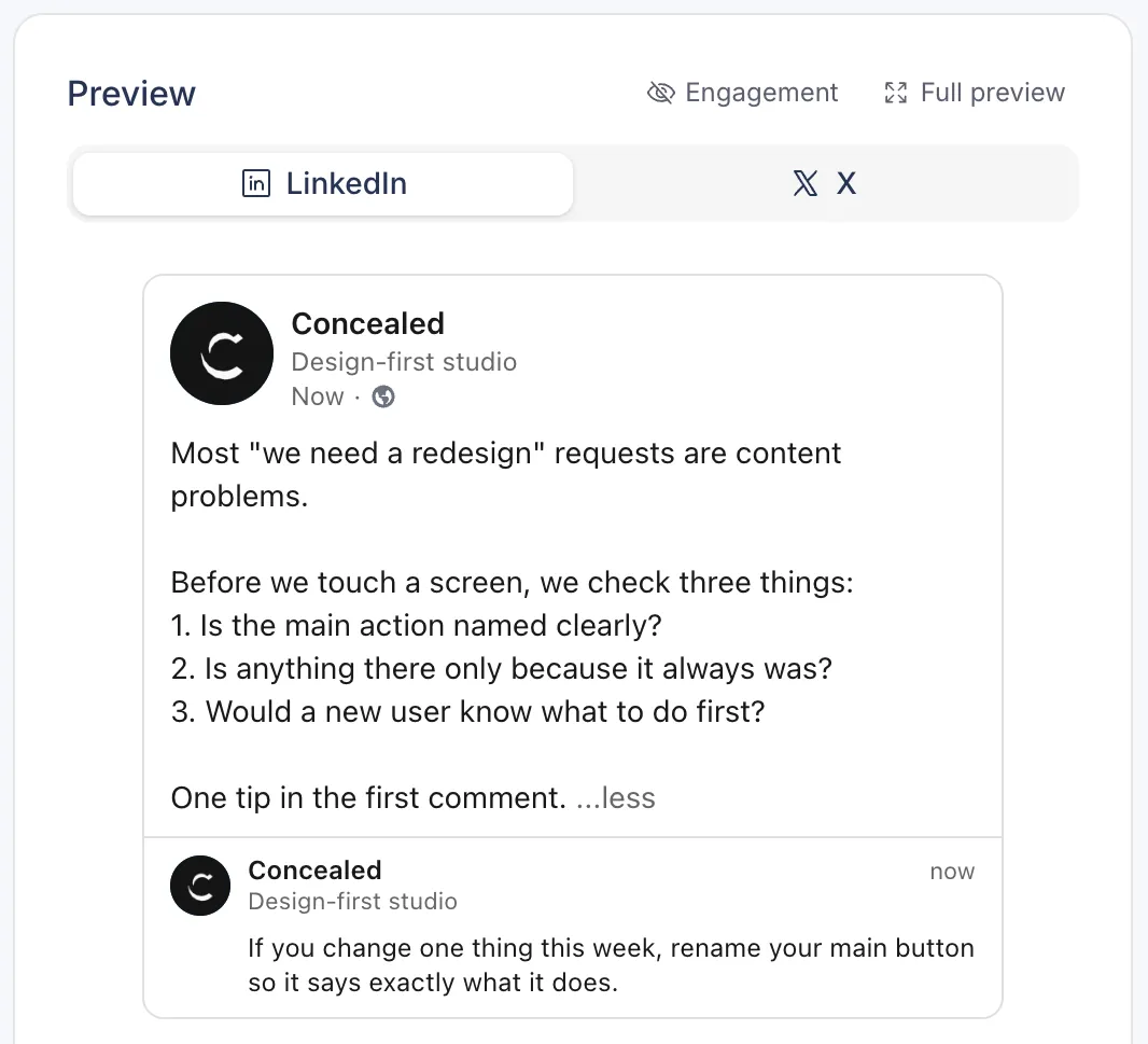 LinkedIn preview in Postopus with the first comment shown under the post