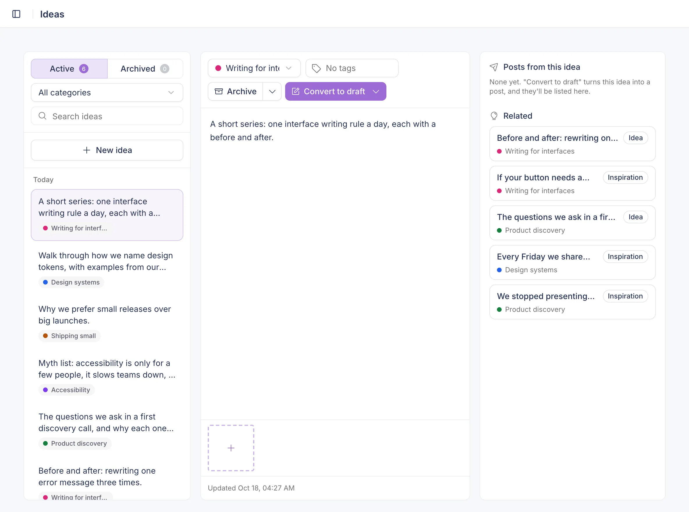 Postopus Ideas: a list of ideas with categories, an open idea, and related ideas and inspiration