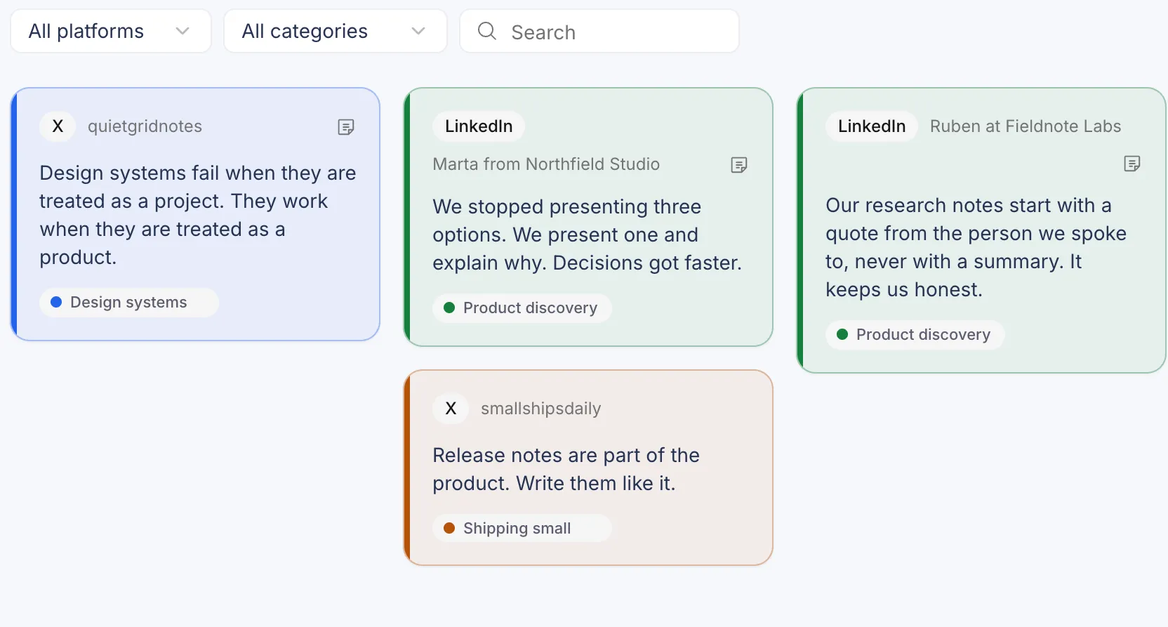 Postopus Inspiration board with saved X and LinkedIn posts and their categories
