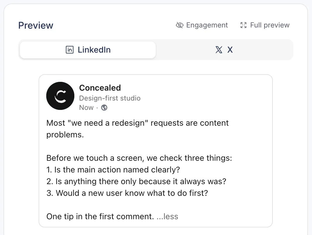 LinkedIn preview in Postopus with LinkedIn and X tabs, showing the whole post