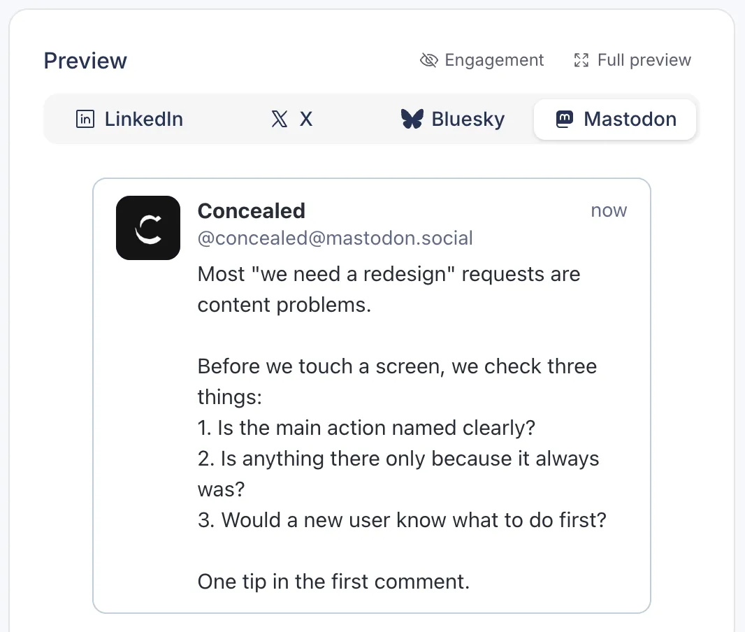 Mastodon preview in Postopus with LinkedIn, X, Bluesky and Mastodon tabs, showing the post as Mastodon lays it out