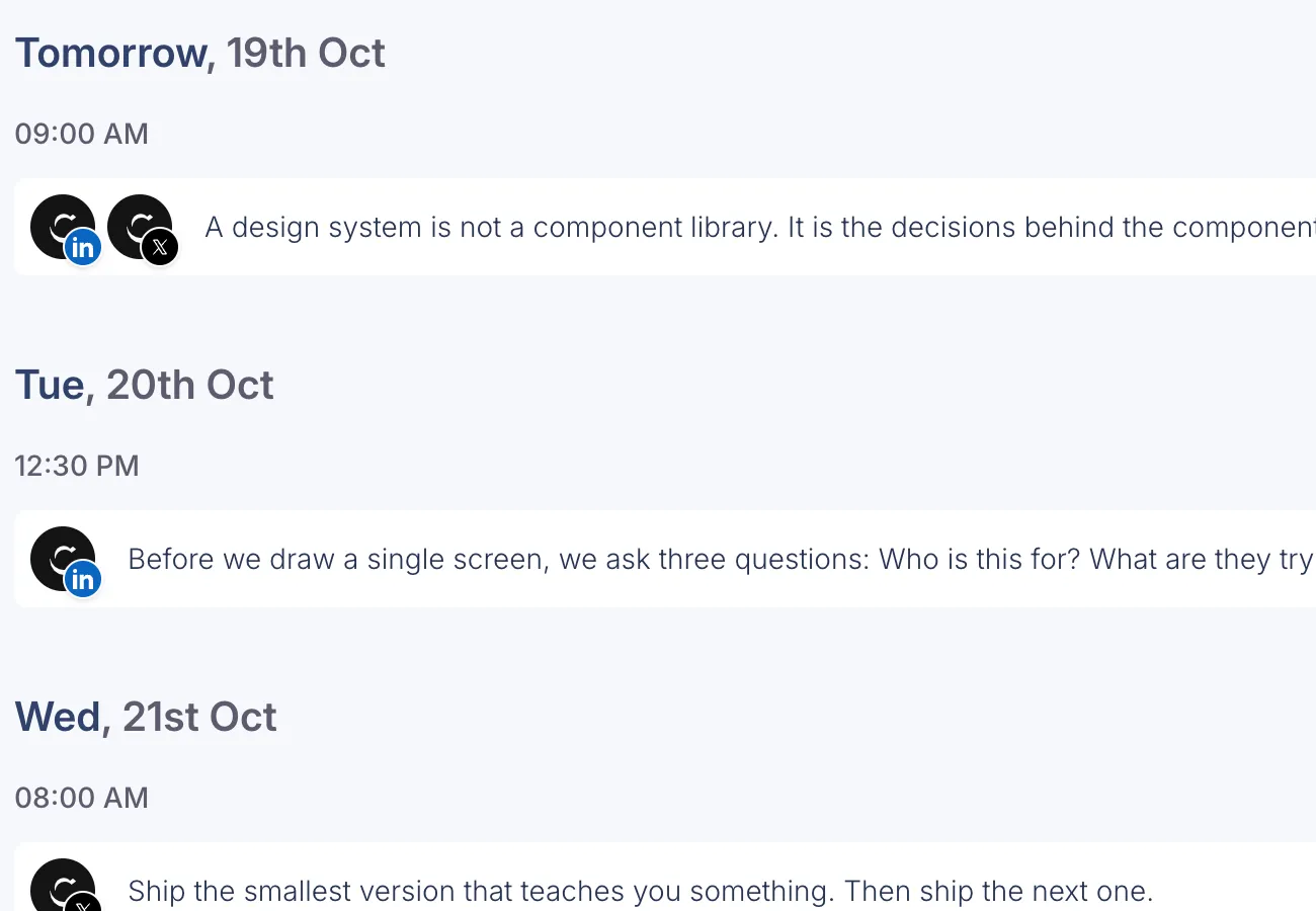Scheduled posts in Postopus grouped by day and time, each with its LinkedIn and X accounts