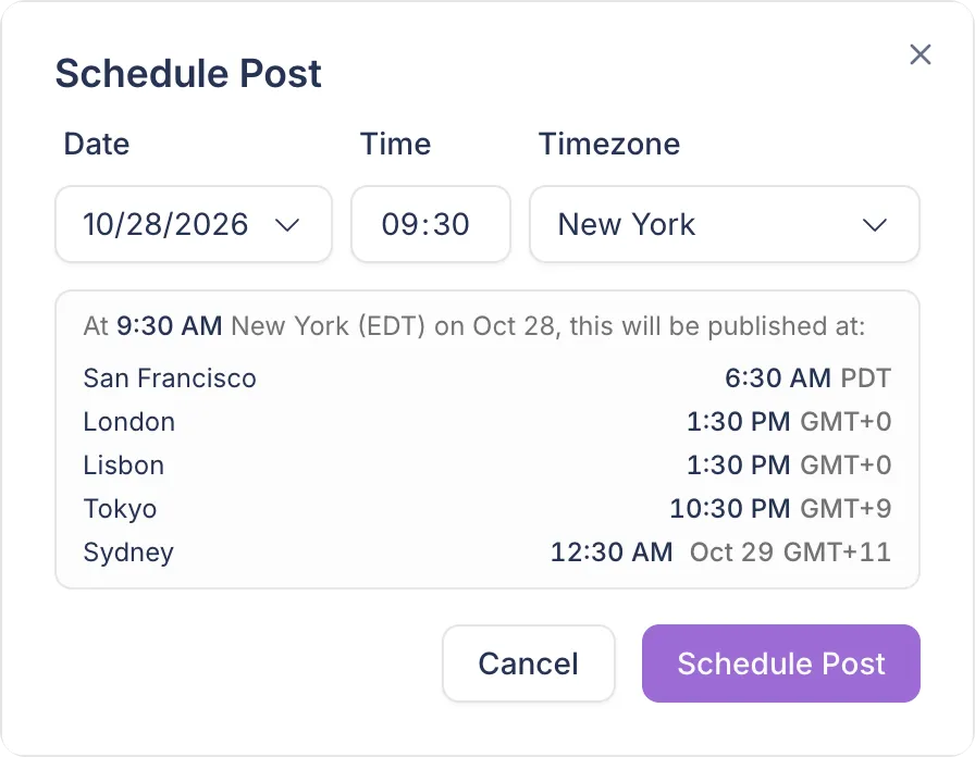 Postopus Schedule Post dialog with date, time and timezone, and the publish time in other cities
