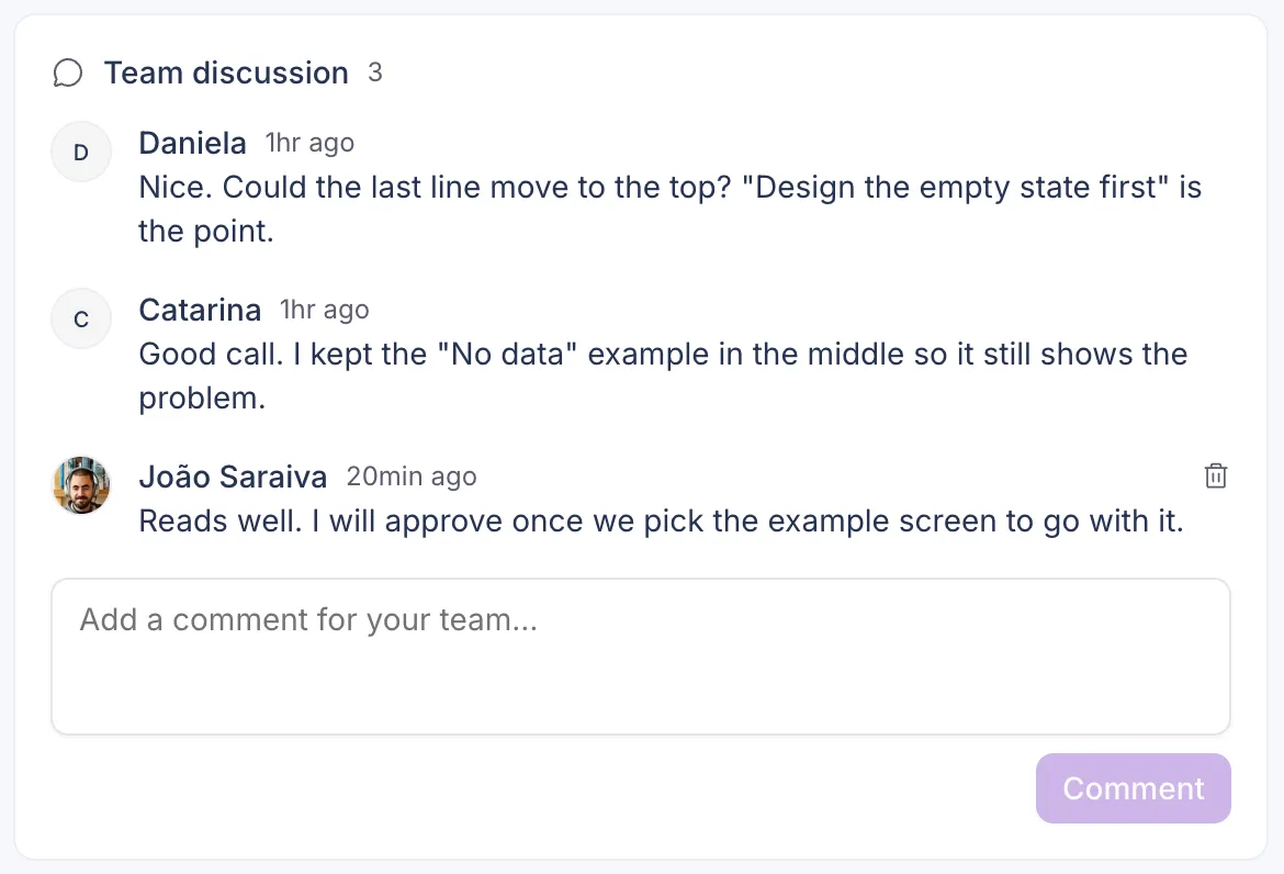 Team discussion with three comments under a draft in Postopus