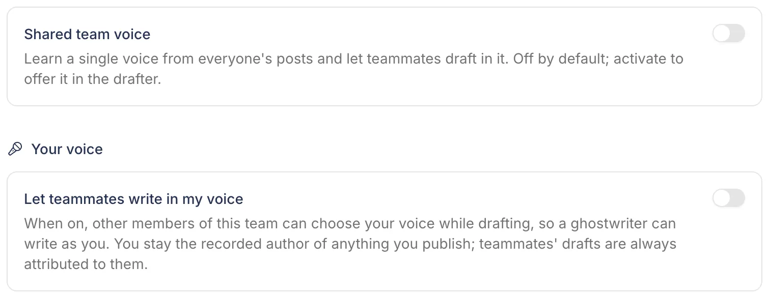 Postopus workspace settings: Shared team voice and Let teammates write in my voice toggles