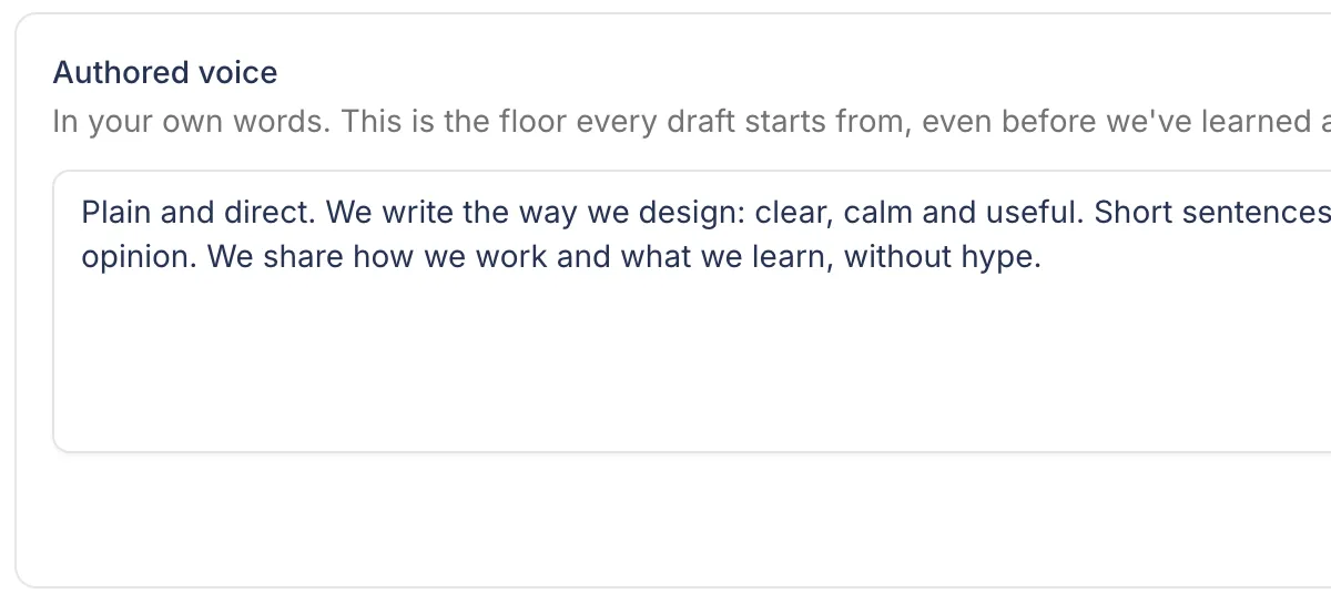 Postopus Brain voice settings: the authored voice, written in your own words