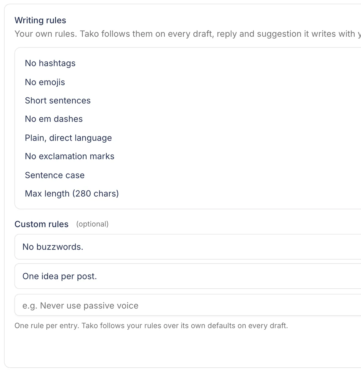 Writing rules card in the Postopus Brain: preset rules such as No hashtags and No em dashes, and custom rules