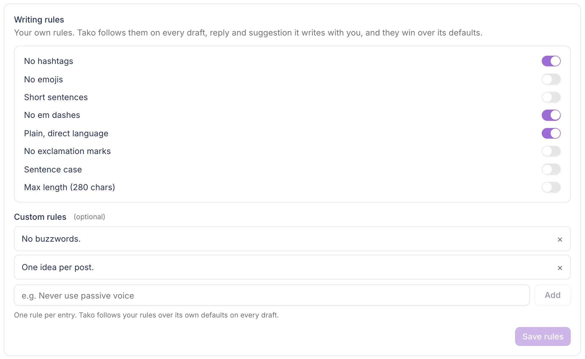 Writing rules card in the Postopus Brain: preset rules with toggles and custom rules