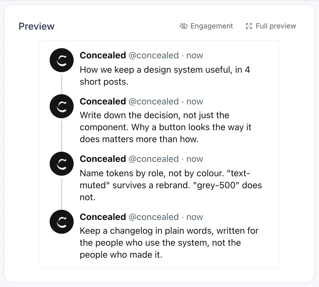 X preview in Postopus showing a thread of four posts